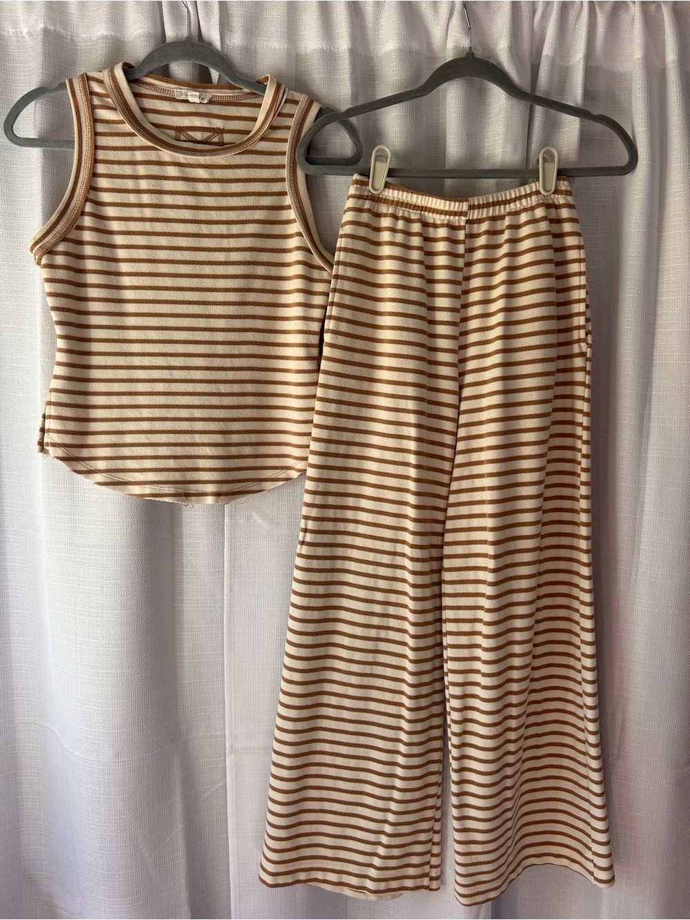 Blu Pepper Striped Tank & Wide-Leg Lounge Set - Cream and Brown